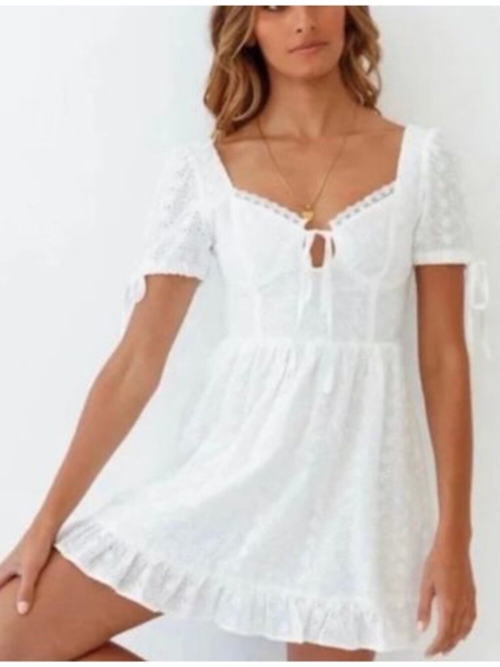 Rose Dress White Eyelet Cotton Mini Dress Puff Sleeve Cottagecore Size Medium